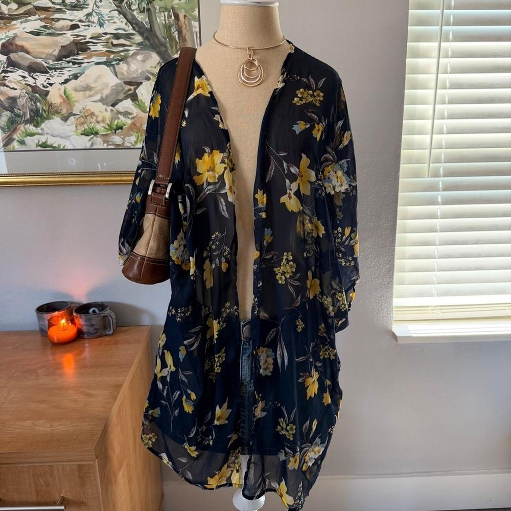 Maurices Navy Blue Yellow Floral Sheer Boho Kimono Cardigan L/XL